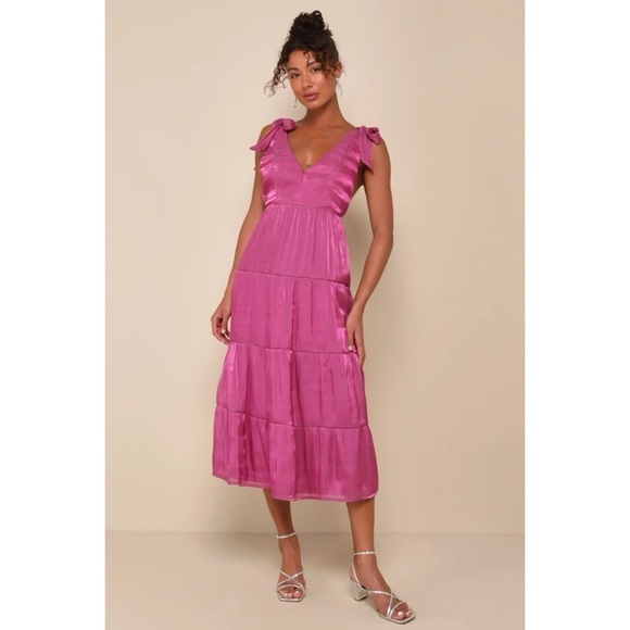 Lulu’s Exemplary Shine Magenta Organza Tie-Strap Tiered Midi Dress - Picture 1 of 14